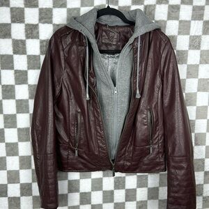 J2 Jou Jou Brown Faux Leather Aviator Jacket Removable Gray Hood Medium